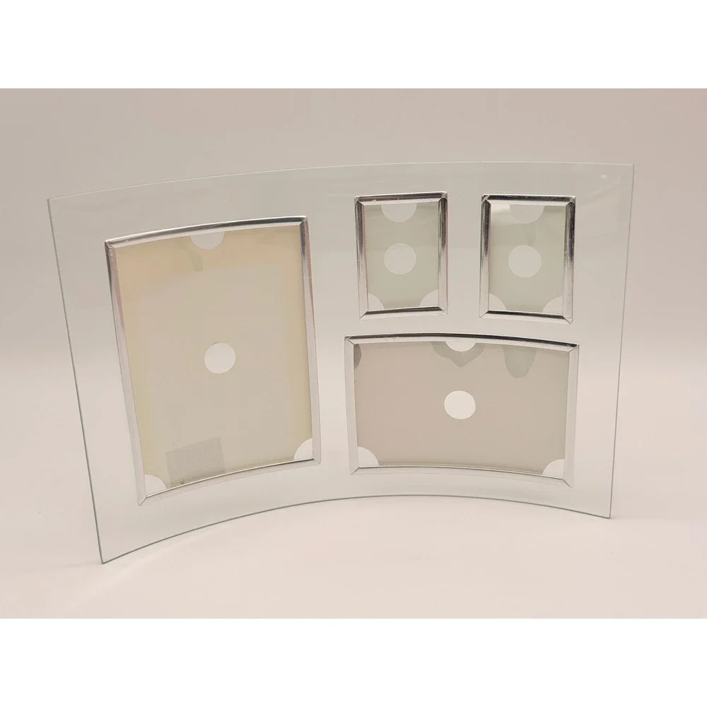 Modern Curved Glass 4 Opening Multi Picture Frame Silver Trim Tabletop 14.5x10.5
